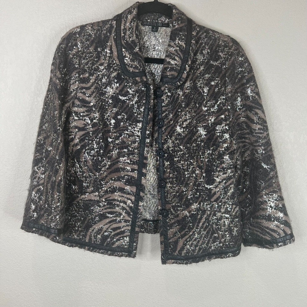 La Fayette 148 Evening Jacket Size 8 Brown Black Metallic Animal Print Wool Silk